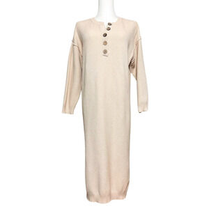 Bluivy Oatmeal Knit Wooden Button Henley Long Sleeve Midi Dress Small
